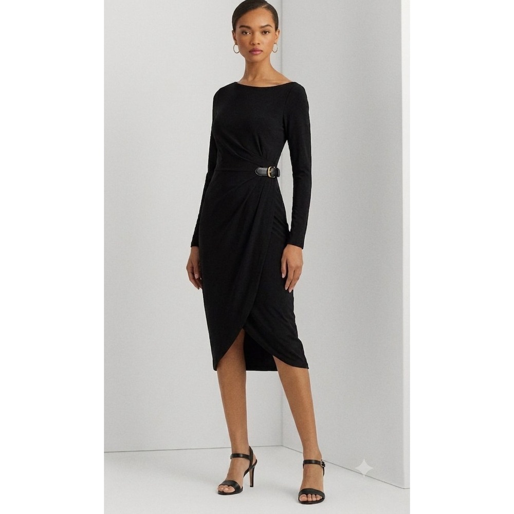 Lauren Ralph Lauren Salbie Long Sleeve Day Dress Black Size 4 NWT Belted Jersey